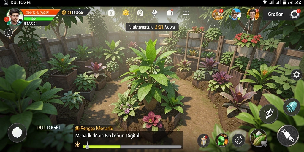 Tampilan gameplay DULTOGEL dengan kebun yang subur dan interaksi seru.