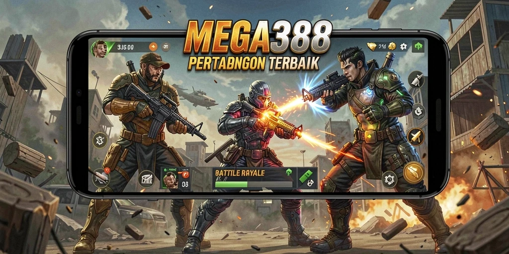 Screenshot utama MEGA388 menampilkan aksi seru dalam pertempuran Battle Royale.