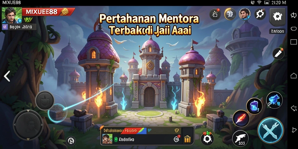 Screenshot utama MIXUE88 menunjukkan menara yang megah dan suasana pertempuran yang mendebarkan.