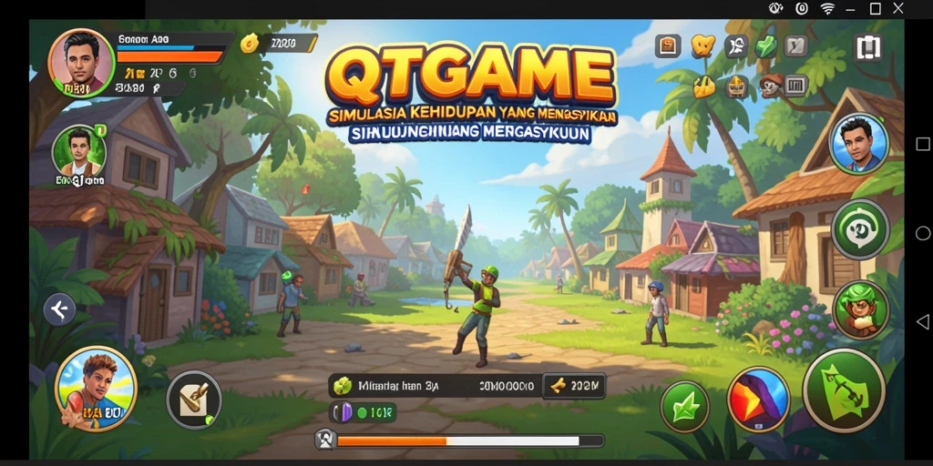 Tampilan utama QTGAME menunjukkan kehidupan virtual yang penuh warna dan interaktif.