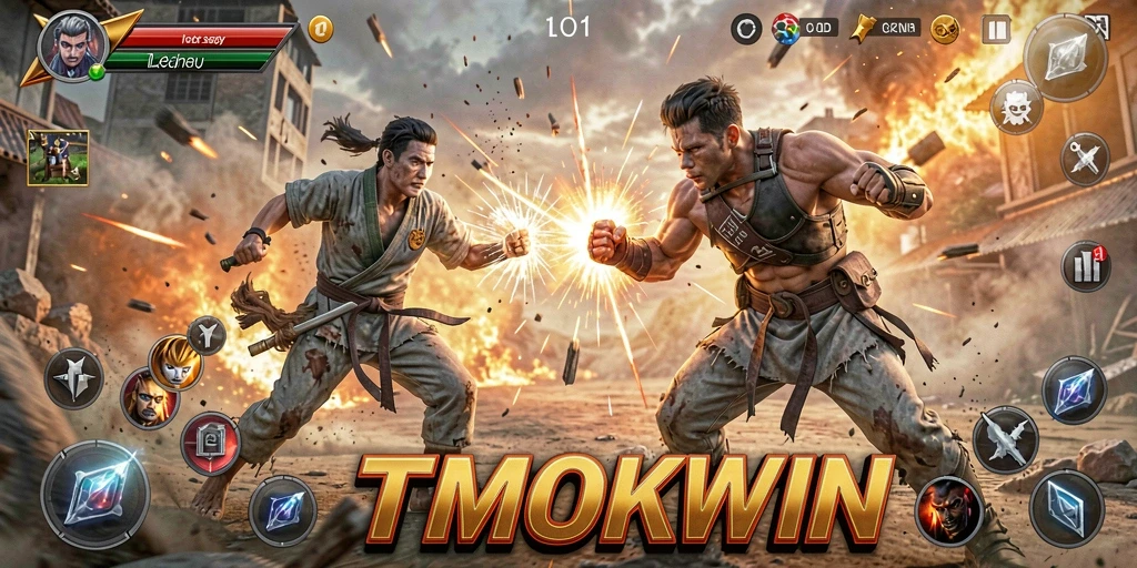 Screenshot gameplay TMOKWIN menunjukkan pertarungan seru antara karakter dengan efek visual yang menakjubkan.